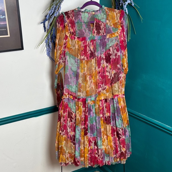 Anthropologie Multicolor Floral Pleated Midi Dress - Pink, Yellow, Purple, Green - Picture 10 of 12